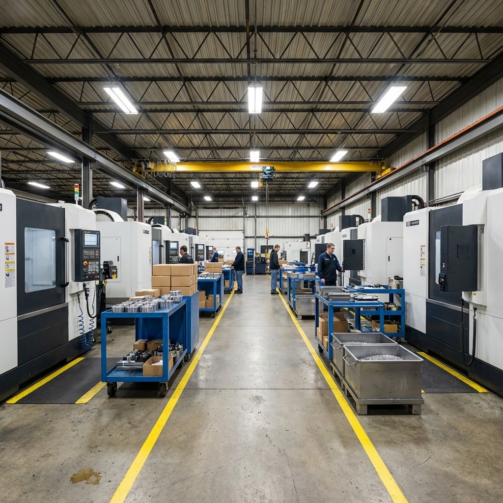 Machinists operating CNC equipment in clean, well-lit manufacturing facility with overhead crane