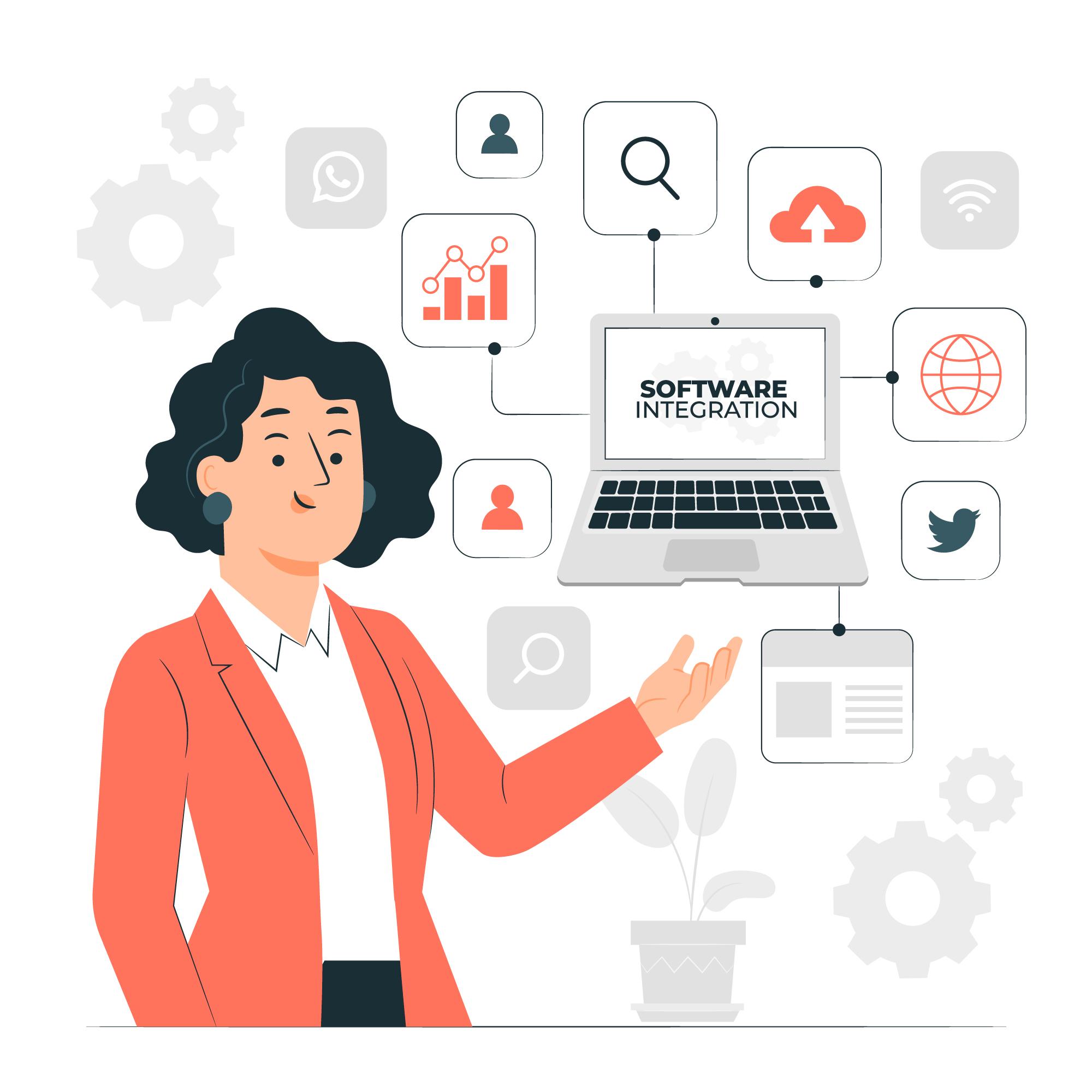 This is the illustration of a woman showing a software solution which is integrated with all the major tools and softwares used within the company.