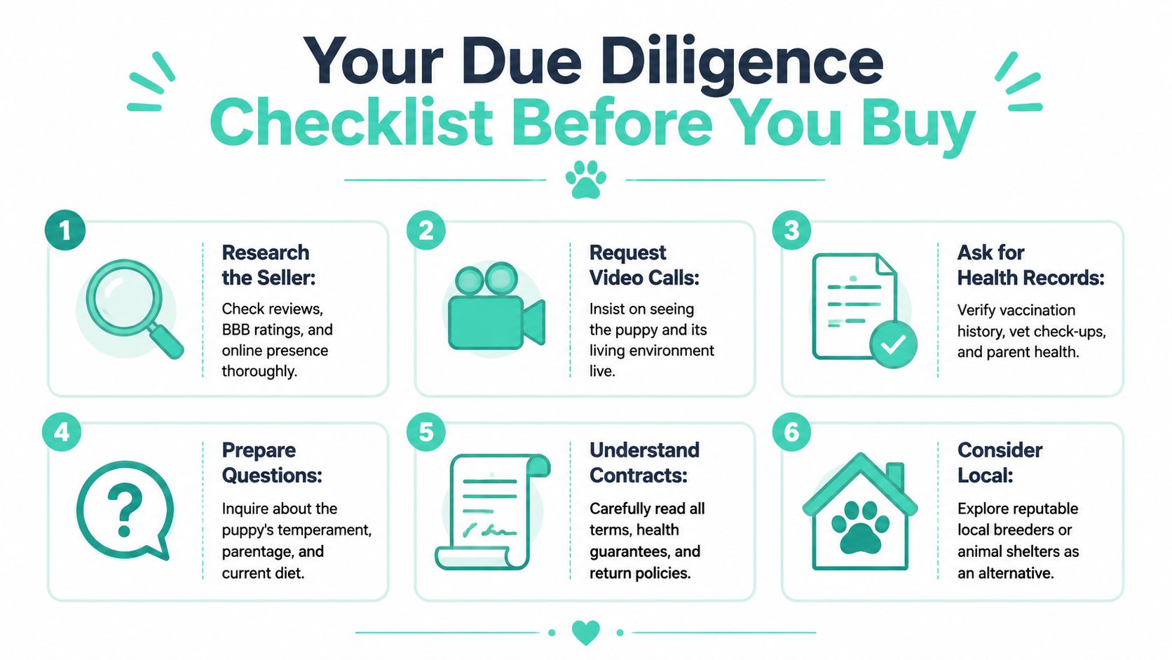 A six-step infographic checklist for due diligence when buying a puppy to ensure responsible sourcing.