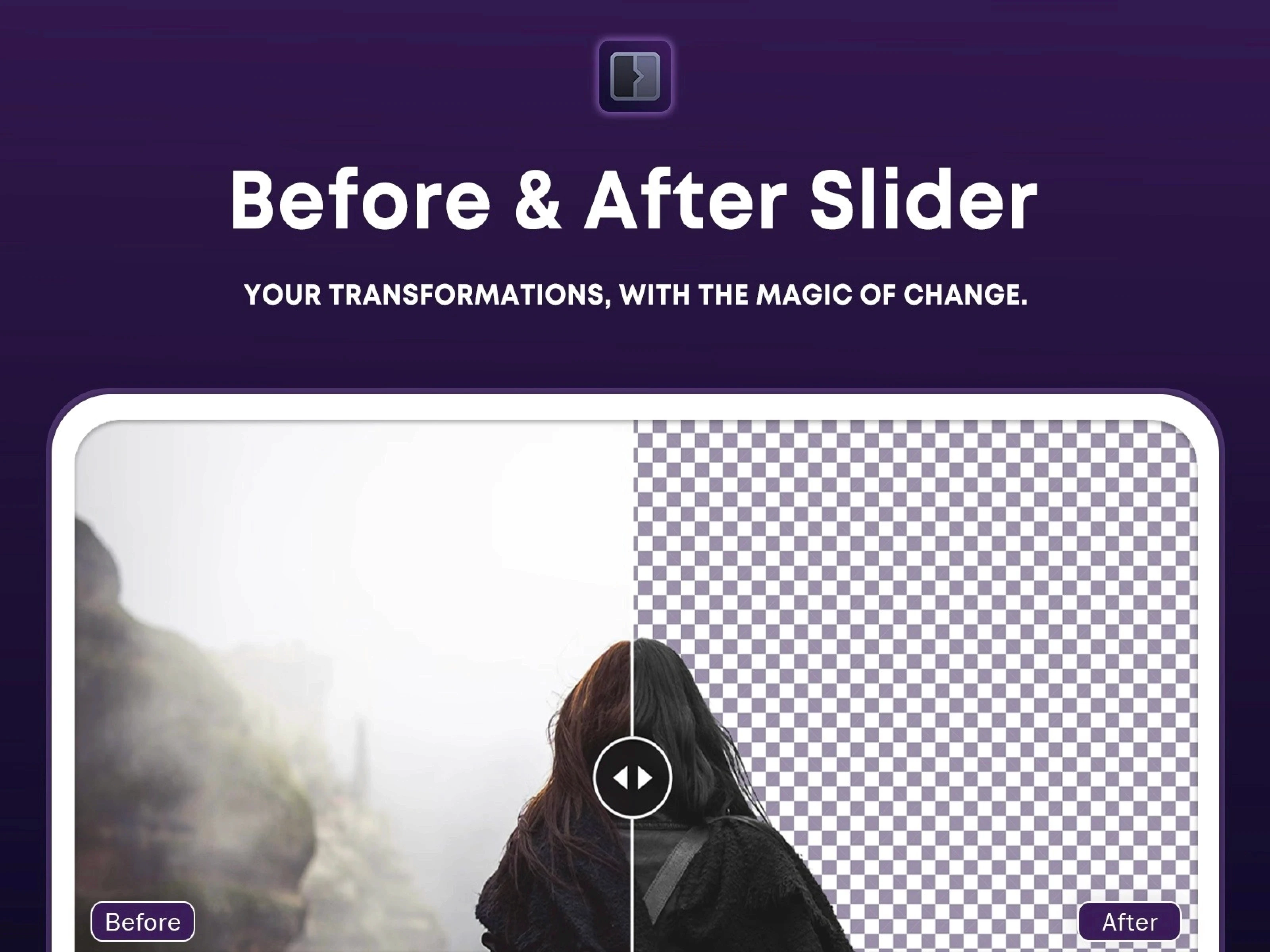 A Before & After Slider comparing images is displayed on a purple background.