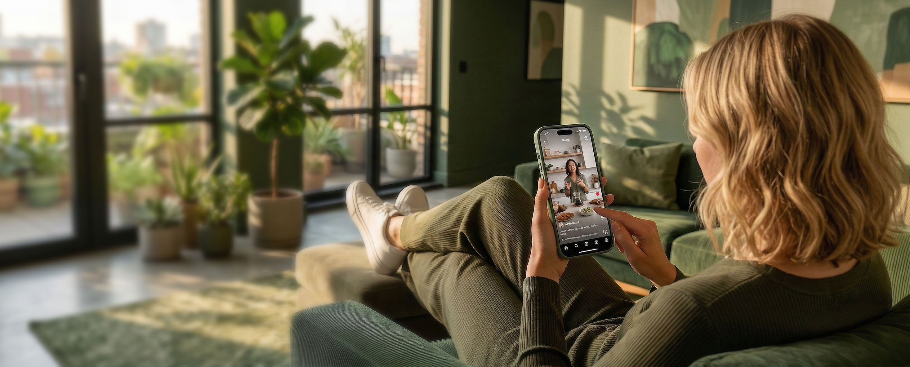 Person scrolling social media content on smartphone, representing scalable content production and campaign control