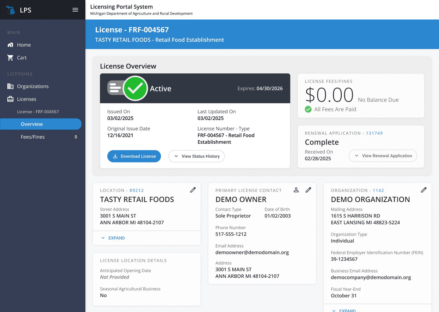 Mockup of a License Overview Screen