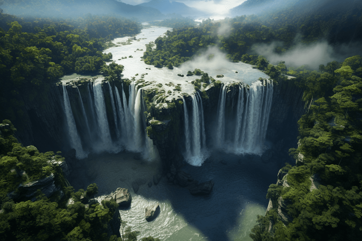 A majestic aerial view of a sprawling tropical waterfall cascades powerfully into a winding river, surrounded by lush green rainforest, under a misty sky.
