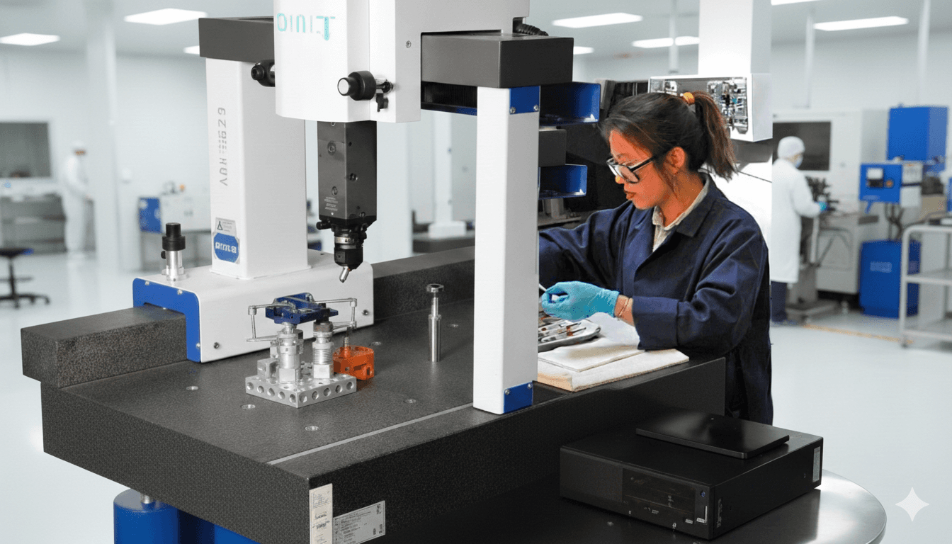 Quality inspector measuring precision medical component with digital measurement tool