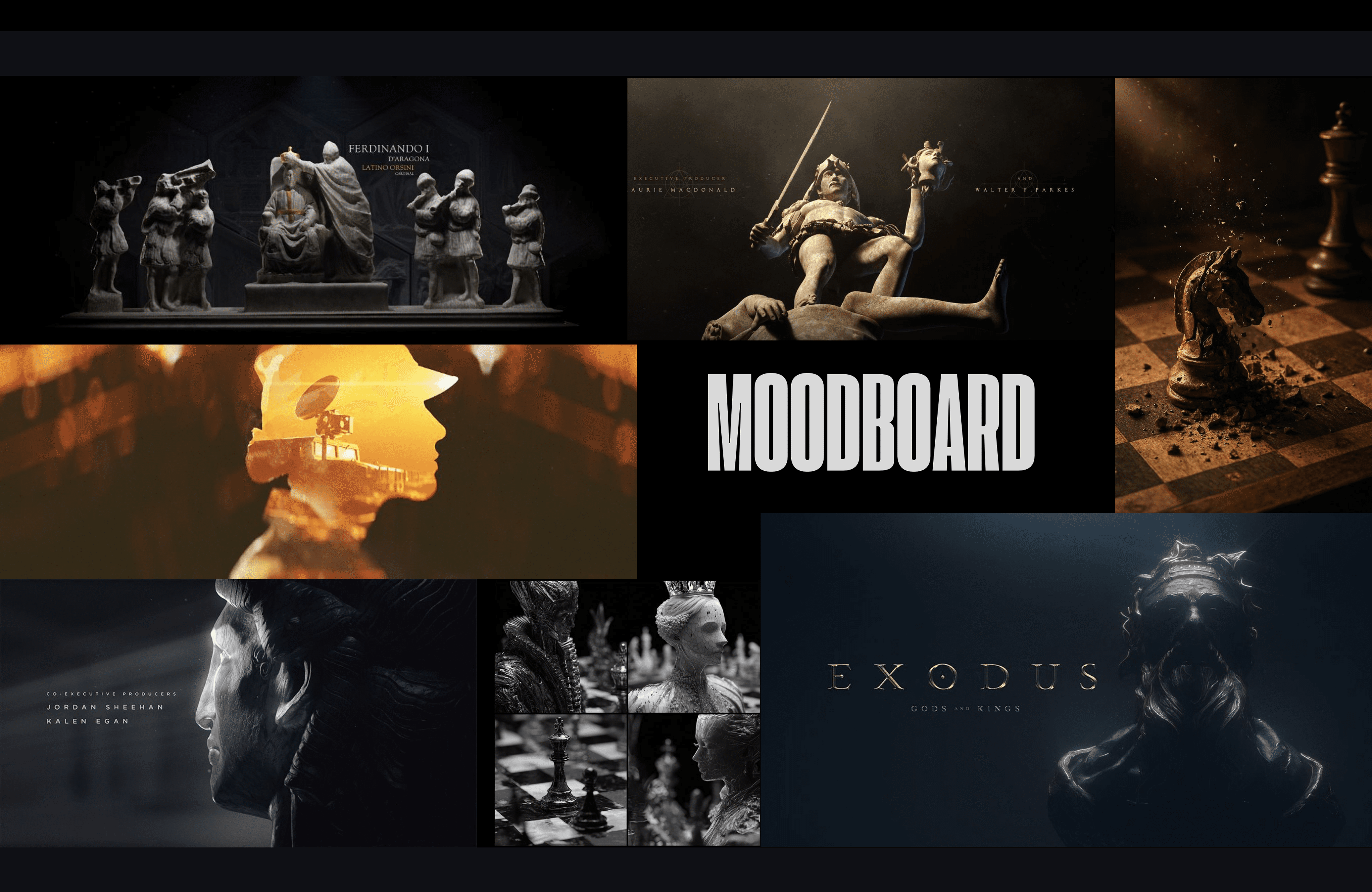 Cinematic moodboard with sculptural figures, chess imagery and dramatic lighting