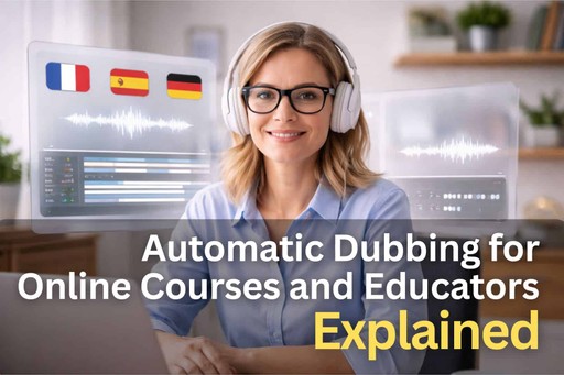 Dubbing otomatis untuk kursus online yang menunjukkan seorang pendidik menggunakan antarmuka audio multibahasa pada laptop