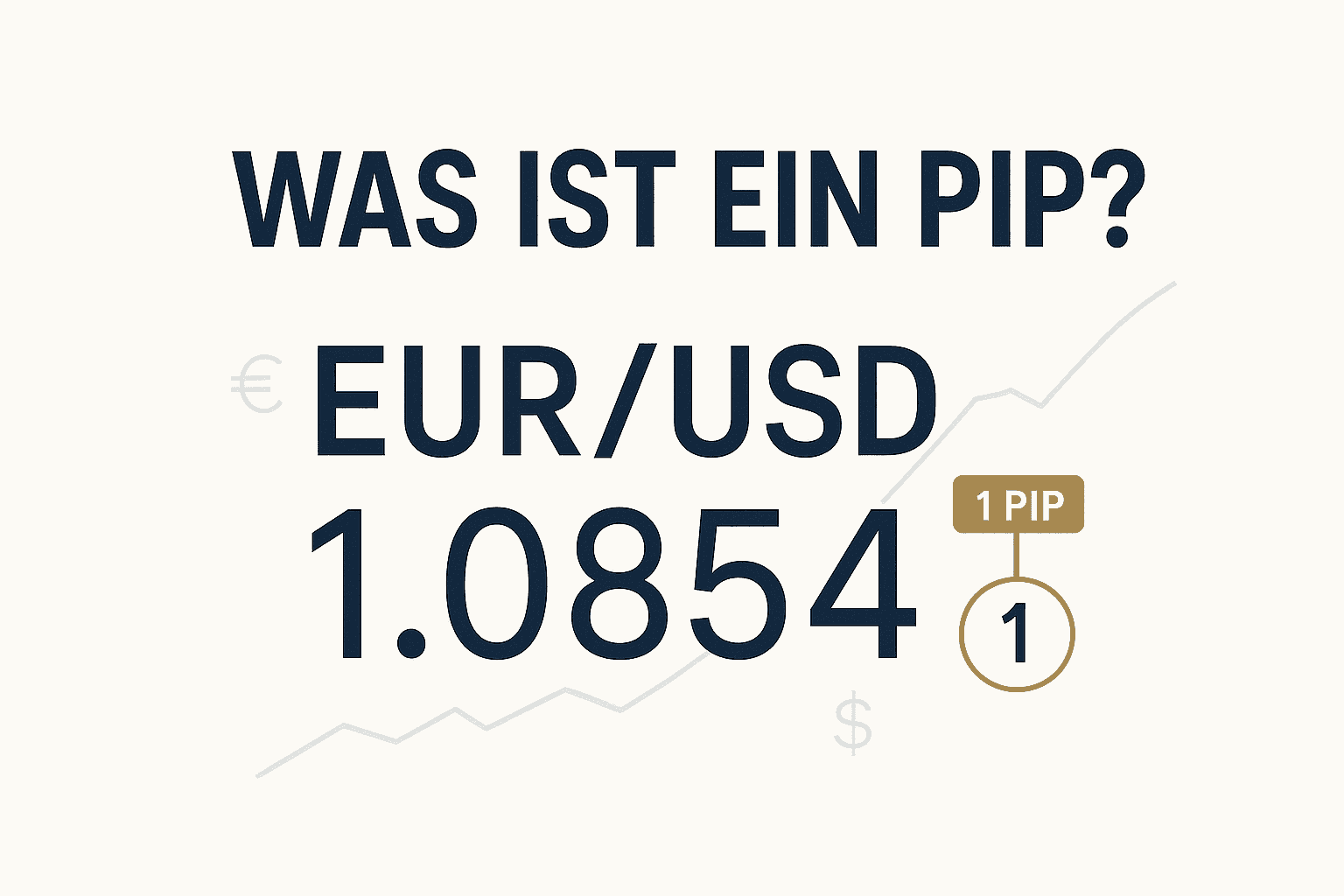 Pip Forex einfach erklärt: EUR/USD-Kurs 1.0854 mit gold markierter Pip-Stelle im hellen Finanzmagazin-Look