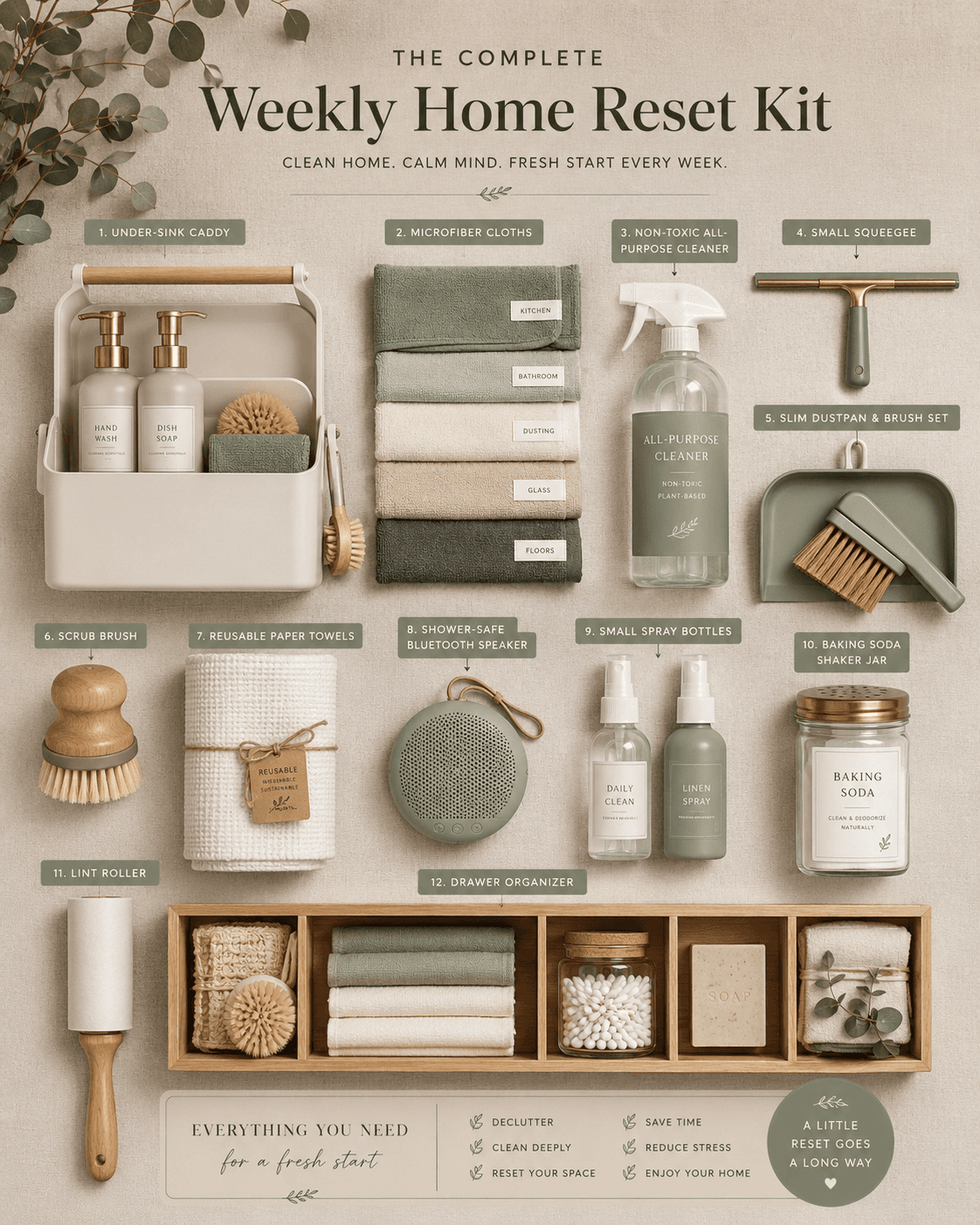 Minimalist home organization and cleaning supplies flat lay with woven baskets, microfiber cloths, spray bottle, squeegee, storage bins, wooden shelf, vacuum cleaner, dustpan, cleaning brushes, hooks, and clear acrylic organizer; 15-minute weekly home reset cleaning schedule infographic with daily and weekly cleaning tasks for kitchen, bathrooms, living areas, bedrooms, entry, and laundry; eco-friendly Weekly Home Reset Kit flat lay featuring labeled microfiber cloths, all-purpose cleaner, dustpan, scrub brush, reusable paper towels, spray bottles, baking soda shaker, lint roller, and wooden drawer organizer. Ideal for modern home organization, decluttering, and efficient cleaning routines.