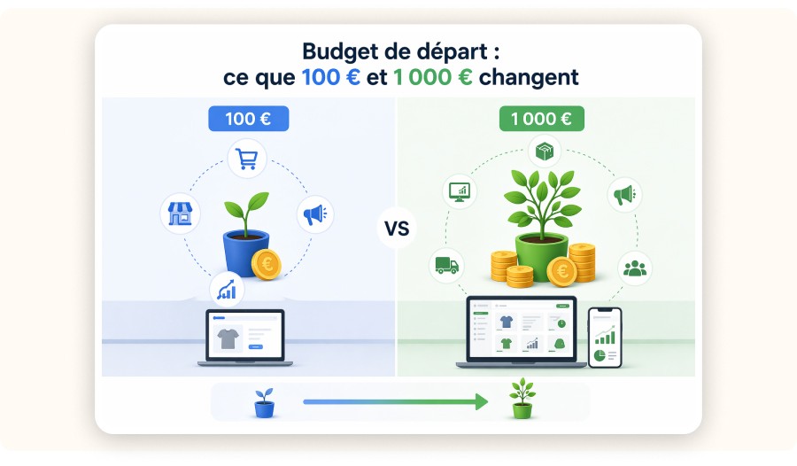 Infographie comparant 100 € et 1 000 € avec croissance visuelle business