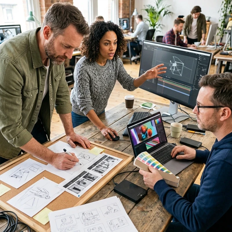 Équipe de créatifs en agence analysant des storyboards et des modélisations 3D sur plusieurs écrans et supports papier, illustrant notre expertise en Production audiovisuelle pour garantir un processus créatif cadré et collaboratif.
