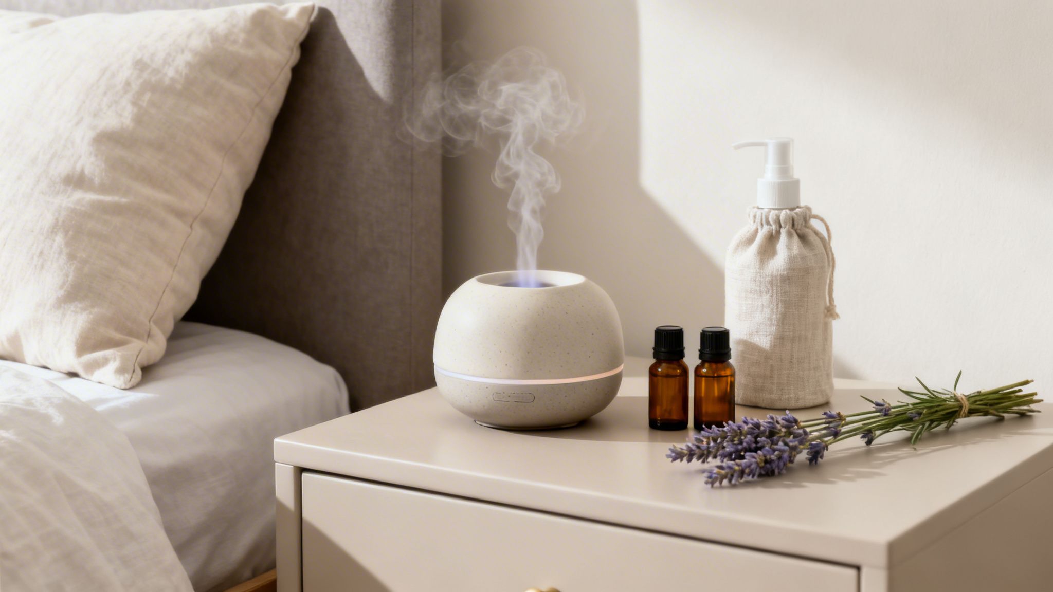 A serene bedroom scene with an essential oil diffuser, lavender, and oils on a nightstand.