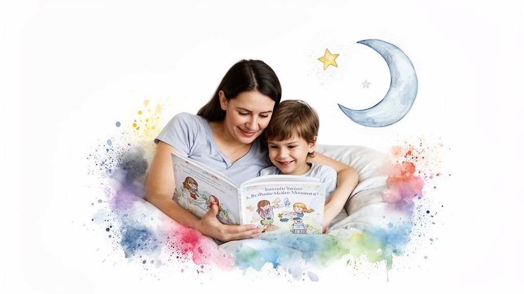 A happy mother and preschooler reading a colorful storybook together in bed with moon and stars.
