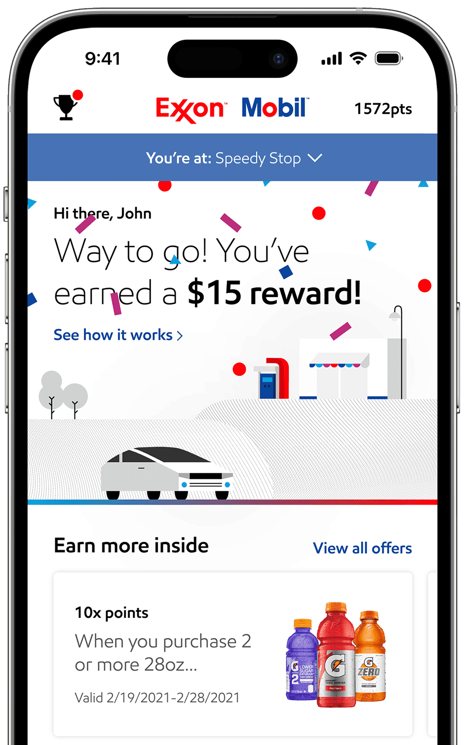 Exxon Mobil Rewards+ app home screen with $15 reward earned and confetti celebration.