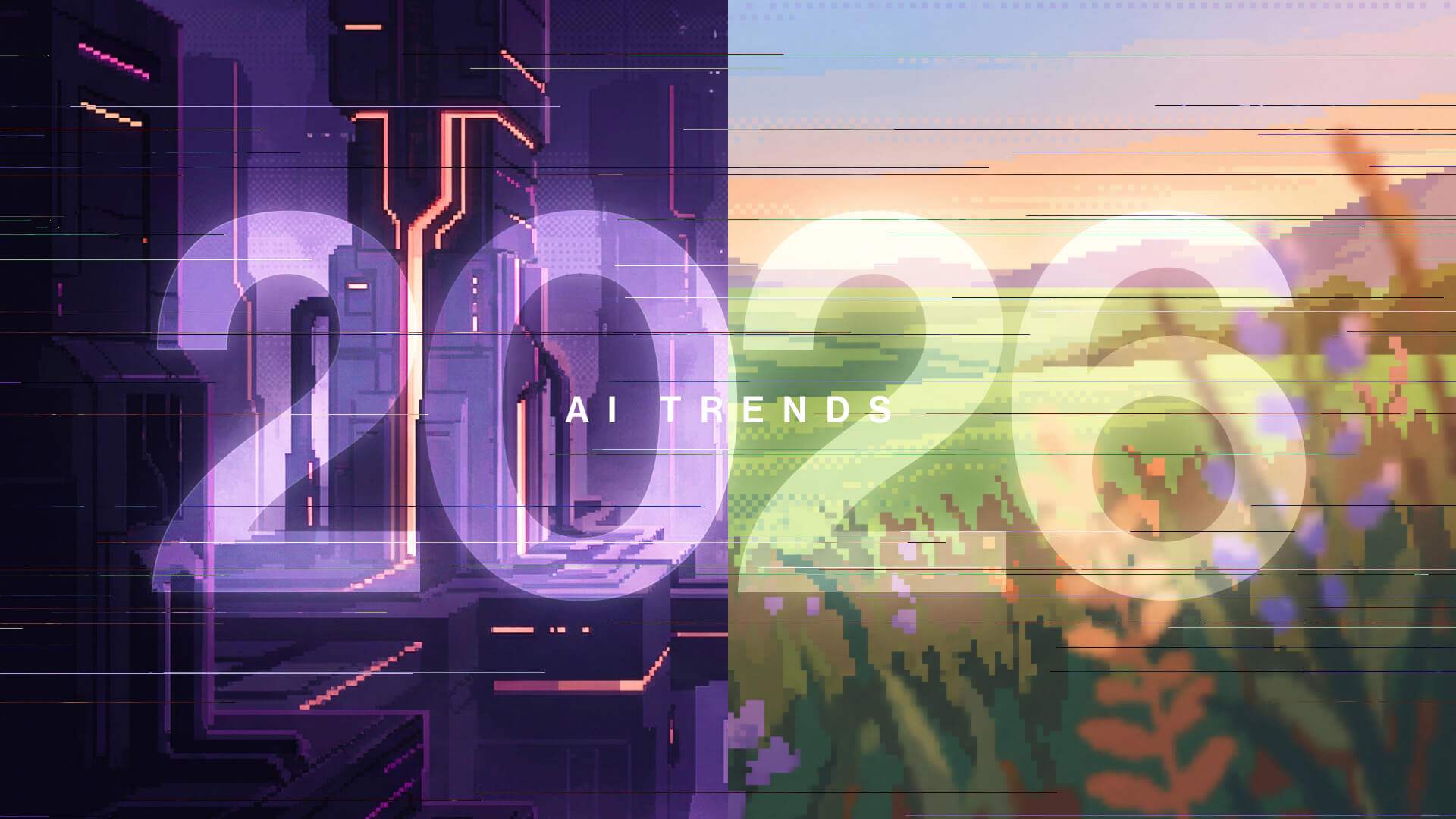 Split retro pixel-art landscape showing a transition from a dark, industrial AI era to a bright, hopeful 2026 future, symbolizing AI’s shift from experimentation to widespread understanding and maturity.