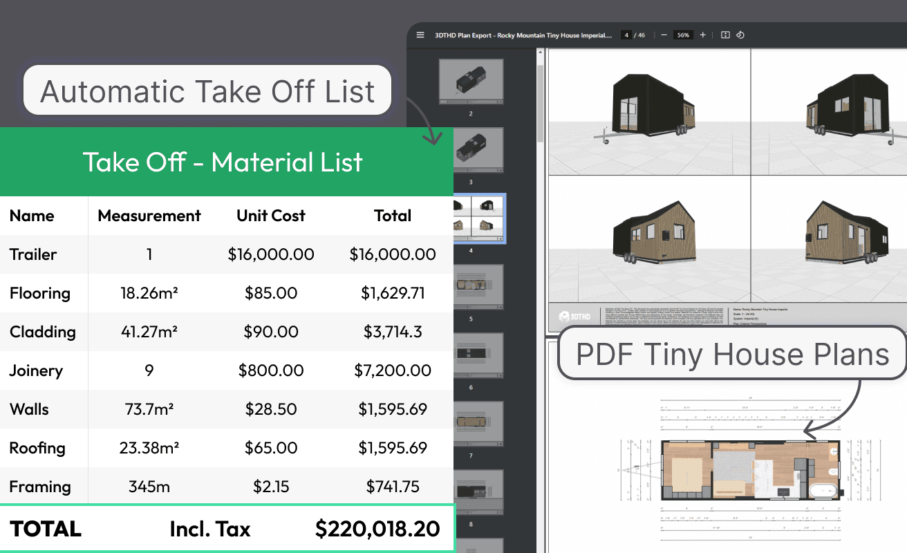 3D Tiny House Design software exports instant PDF plans & Material Take-offs with one click