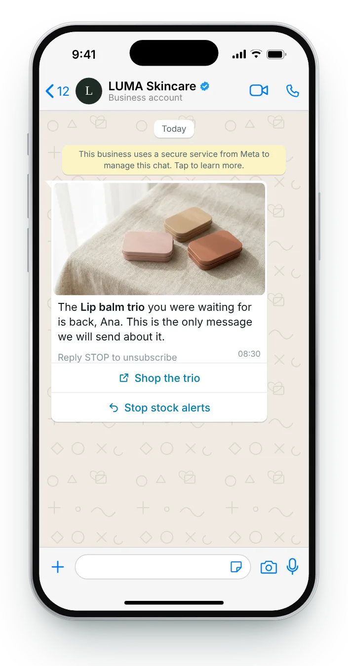 A single notice with a stop button: WhatsApp restock alert on an iPhone