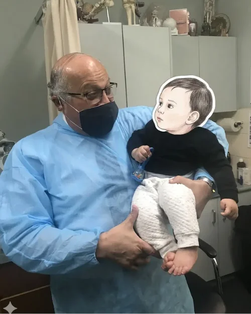Dr. Ashraf Saddik looking at an infant patient while cradling him during a consultation in Coburg.