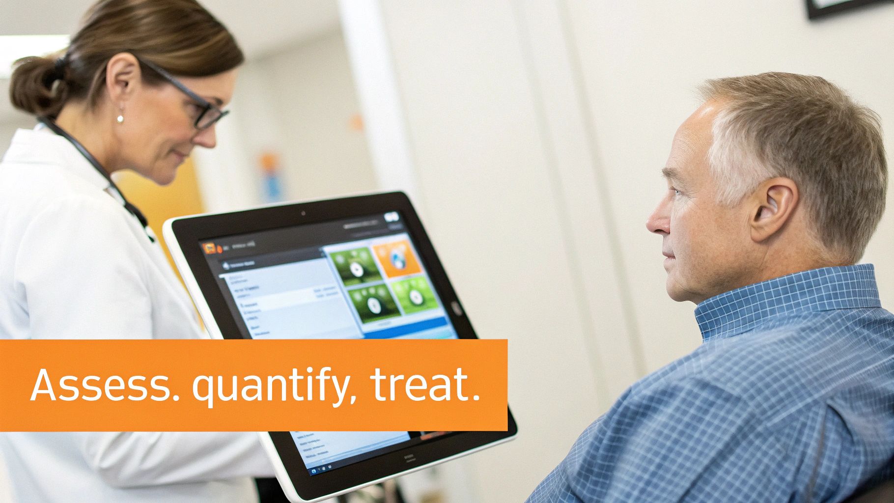 A doctor shows a male patient medical information on a large tablet in a clinic.