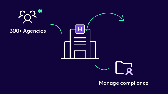 Illustration of a hospital with icons and text highlighting “300+ Agencies” and “Manage compliance.”