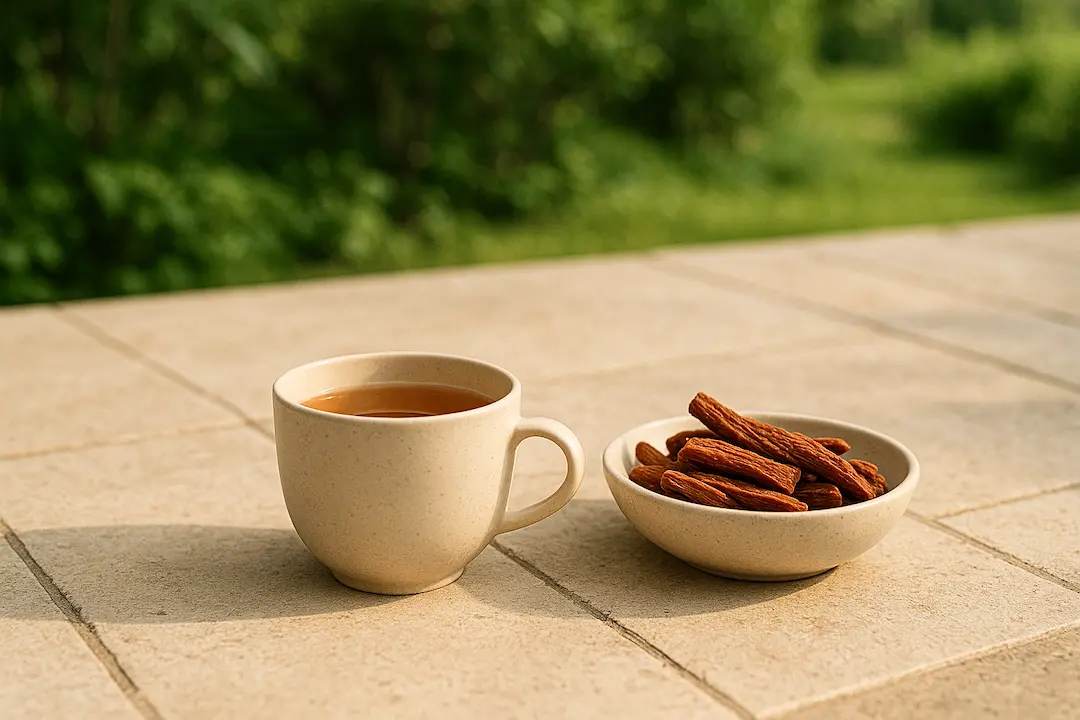 Roter Ginseng Tee mit Wurzeln in Schale