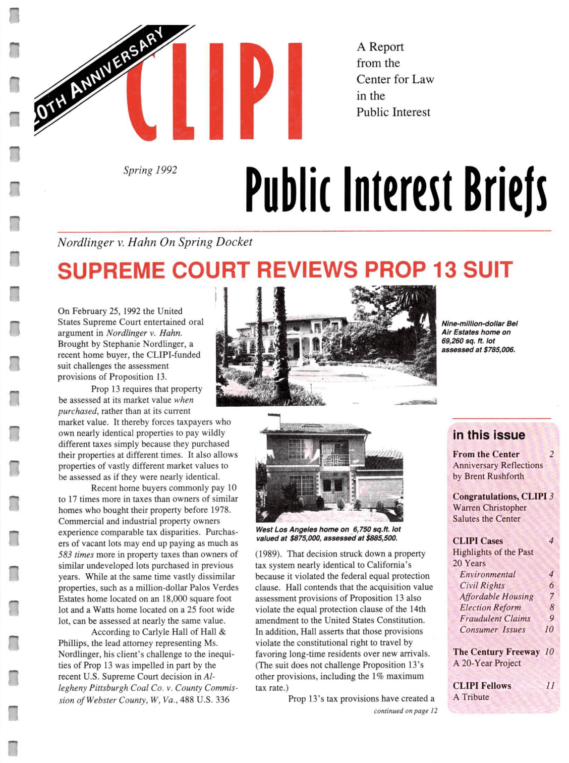 Cover of Center for Law In The Public Interest's Quarterly Report, Spring 1992 Edition Public Interest Briefs