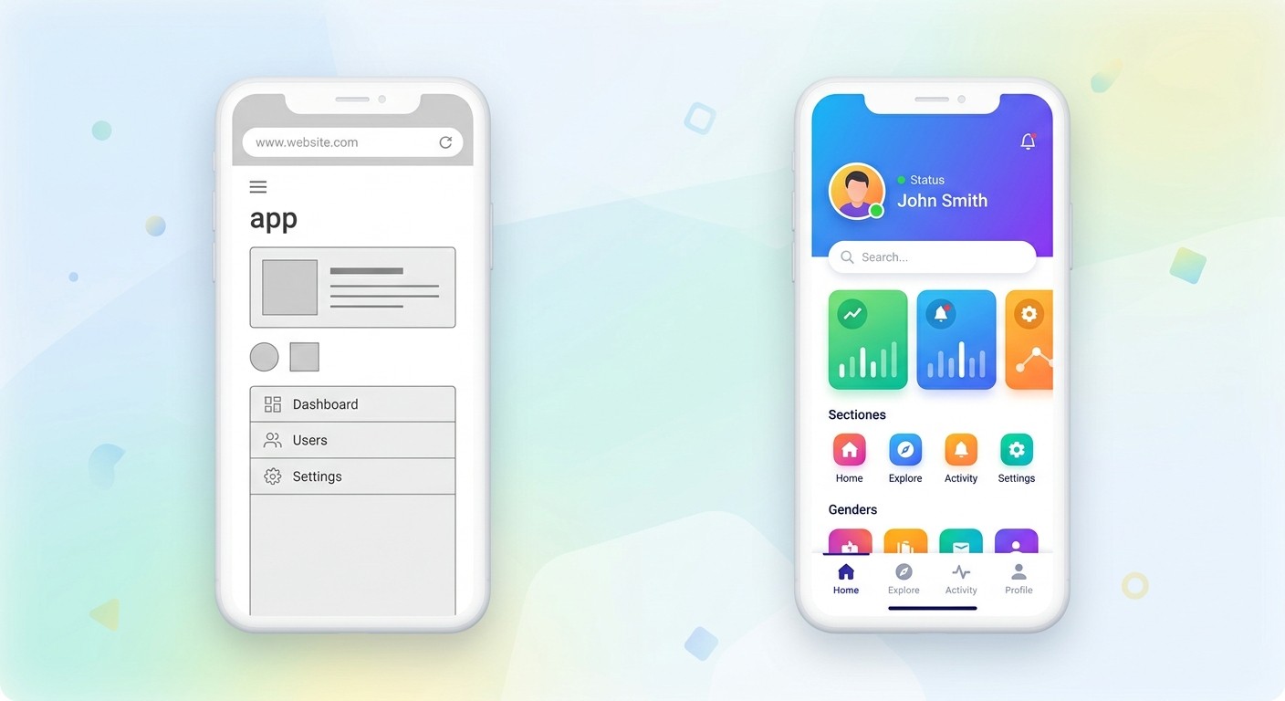 Comparison of a plain webview browser shell versus a polished native mobile app interface