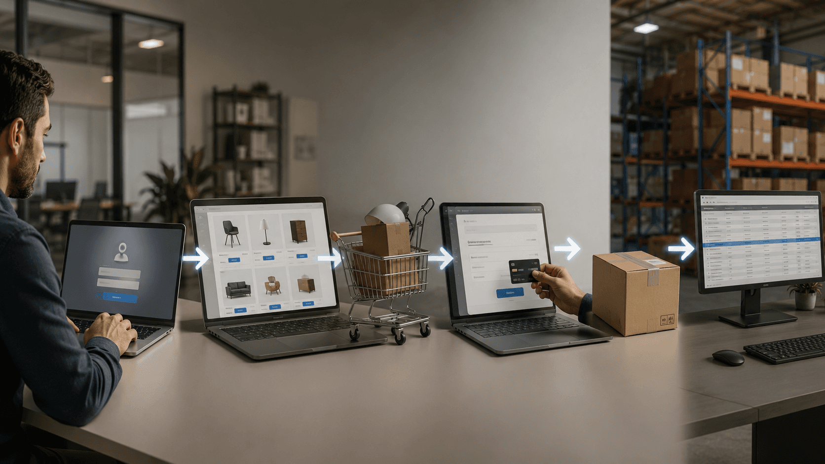 Ilustração realista em 3D, formato widescreen 16:9, mostrando o fluxo completo de uma operação de compras B2B. À esquerda, um gestor acessa uma plataforma em um notebook. Em seguida, uma tela exibe um catálogo de produtos organizado. No centro, um carrinho de compras representa a seleção dos itens. À direita, outra tela mostra a etapa de checkout e pagamento. O fluxo continua para uma caixa de envio e termina em um monitor com um sistema de gestão empresarial integrado, simbolizando a criação automática do pedido. Todo o processo ocorre em um ambiente corporativo moderno conectado a um centro de distribuição ao fundo, com setas luminosas indicando a sequência das etapas. Sem textos visíveis na imagem.