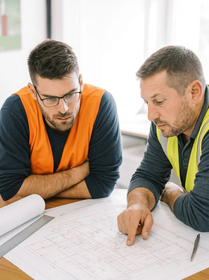 Deux professionnels d’un bureau d’études penchés sur des plans de génie électrique