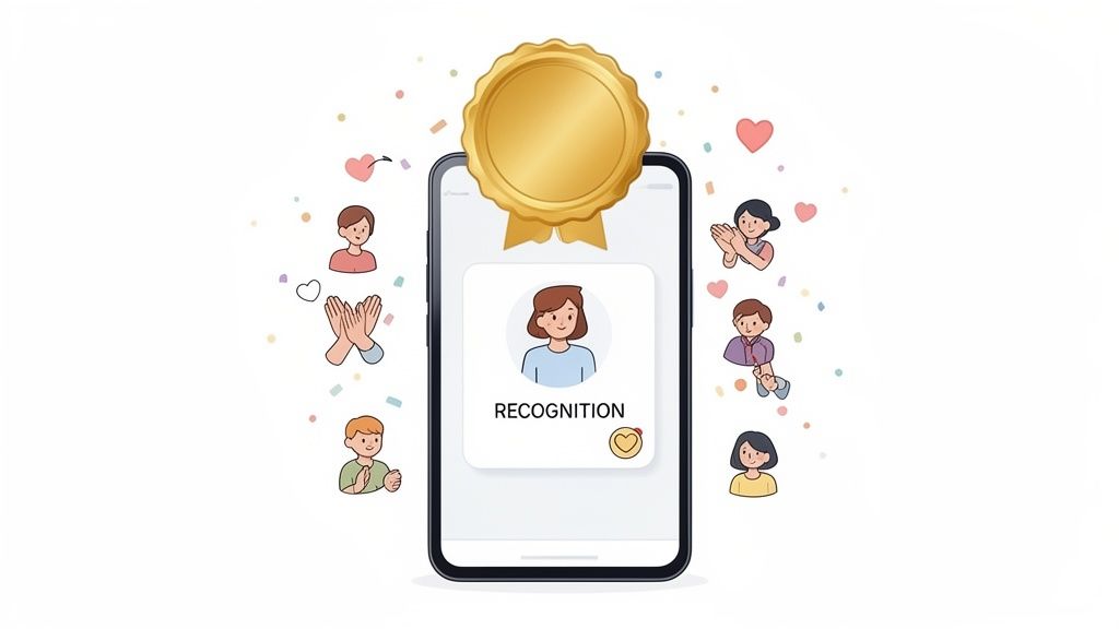 A smartphone displaying 'RECOGNITION' with a golden medal, surrounded by diverse people celebrating with claps and hearts.
