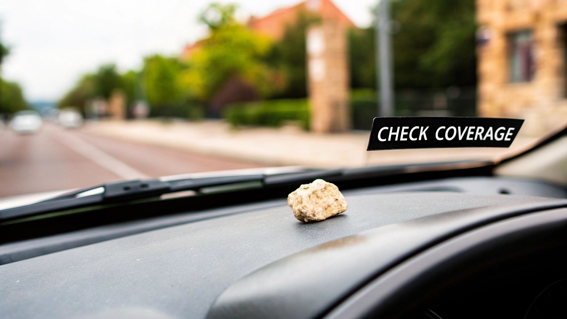 A close-up shot of a cracked windshield on a modern car, highlighting the damage from a rock chip.
