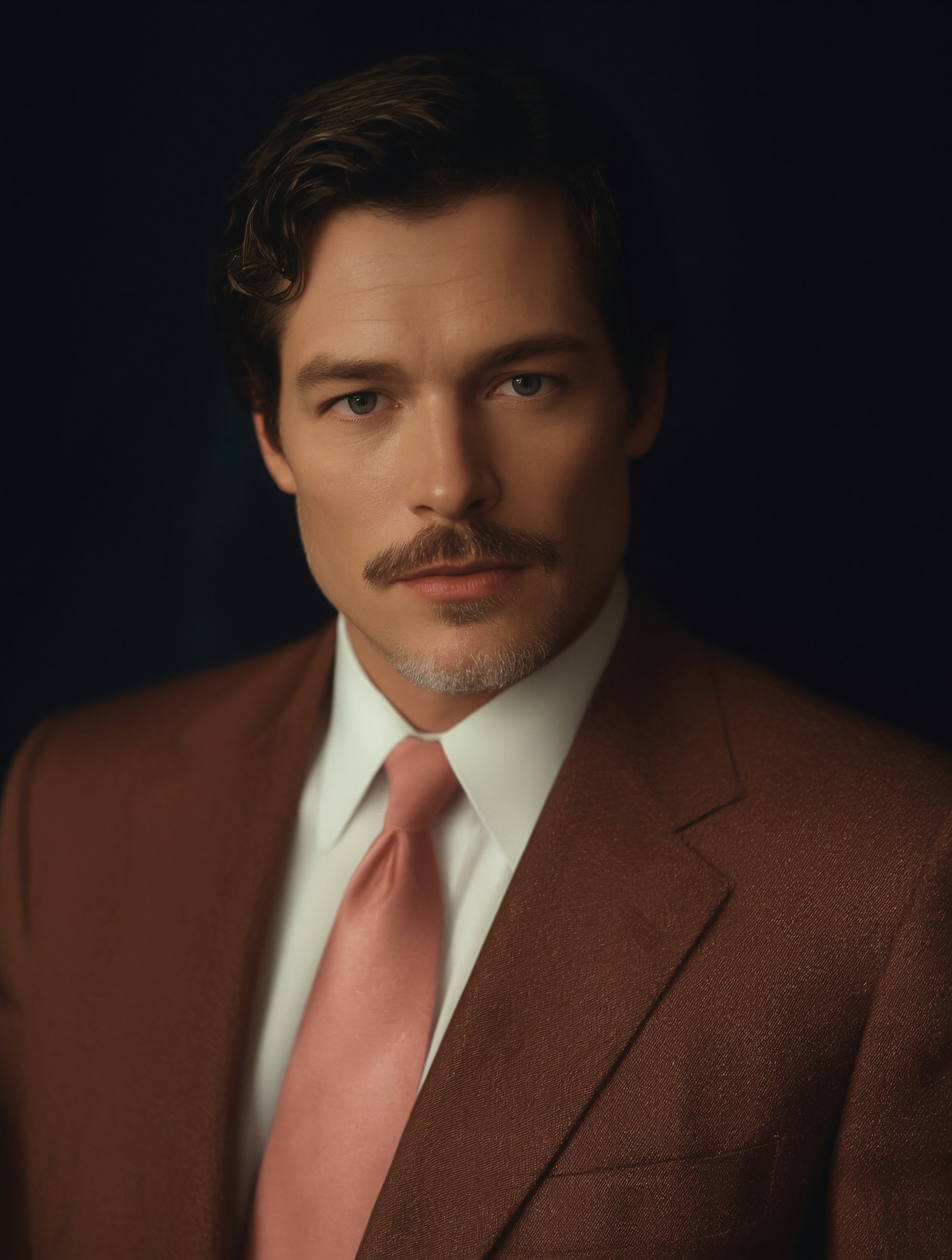 Portrait of a man in a brown suit and pink tie, with a neat mustache and wavy hair, set against a dark background.