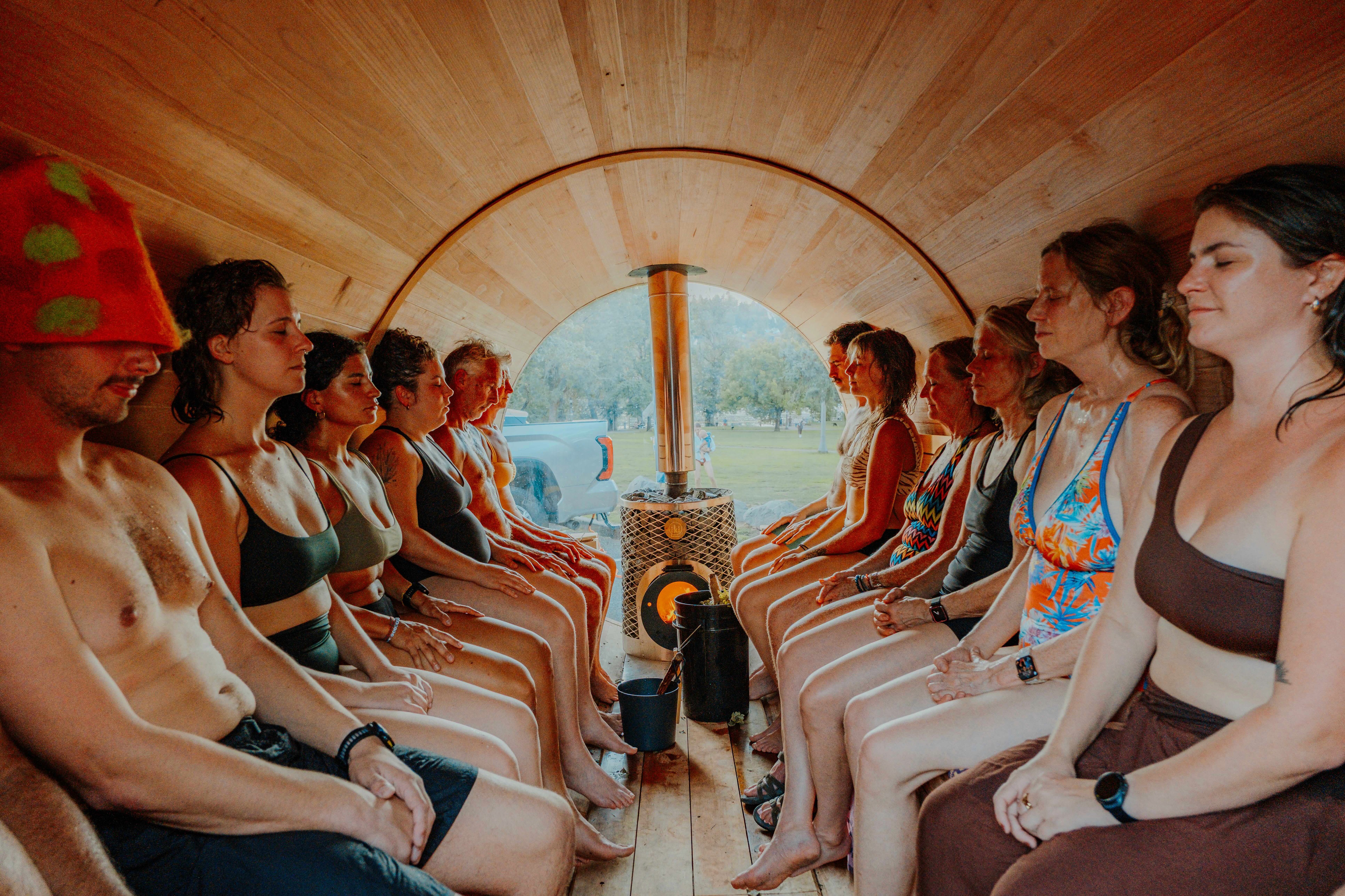 Group in a barrel mobile sauna