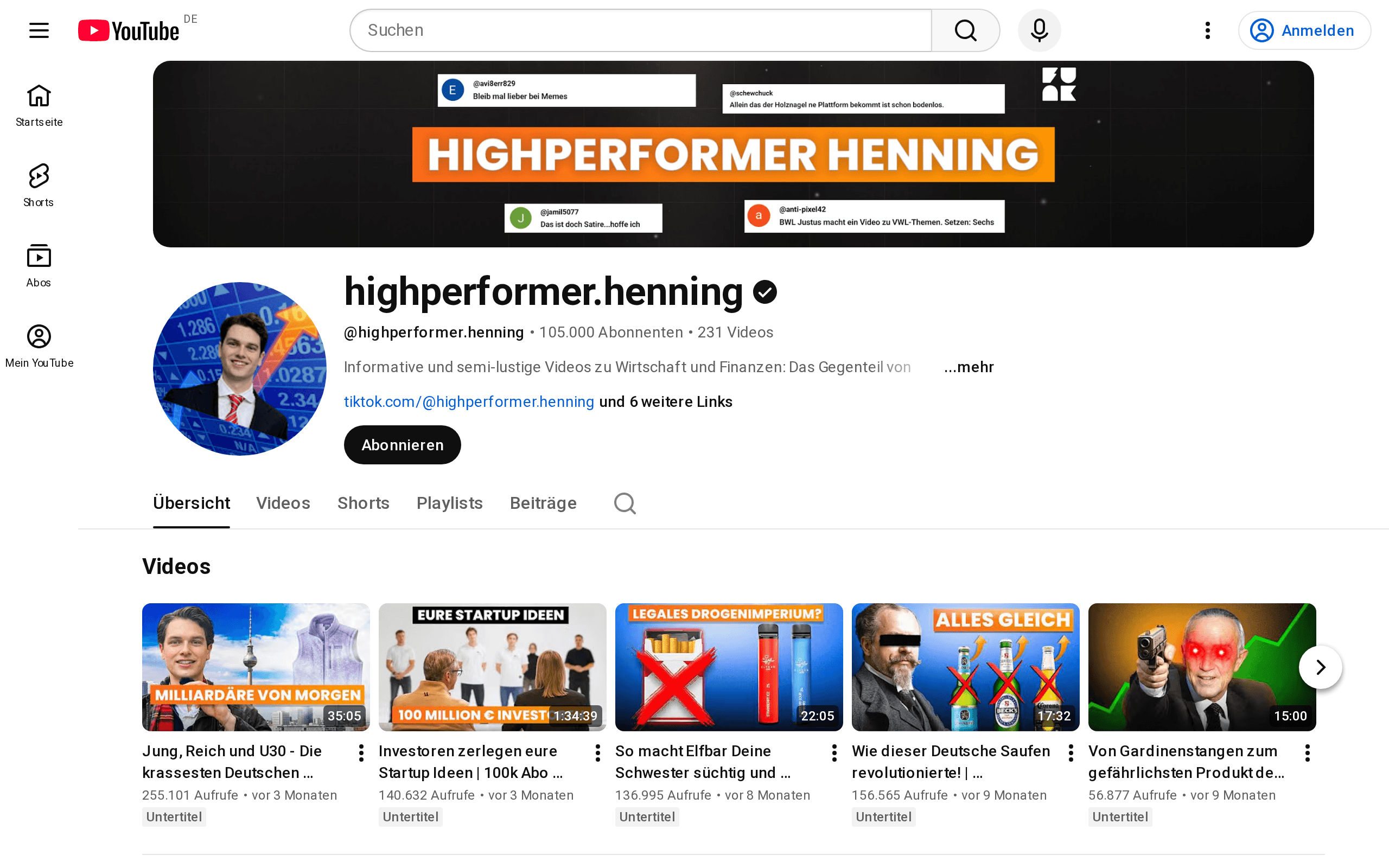 Screenshot des YouTube-Kanals Highperformer Henning von Niklas Schwab (Hedgefonds Henning)