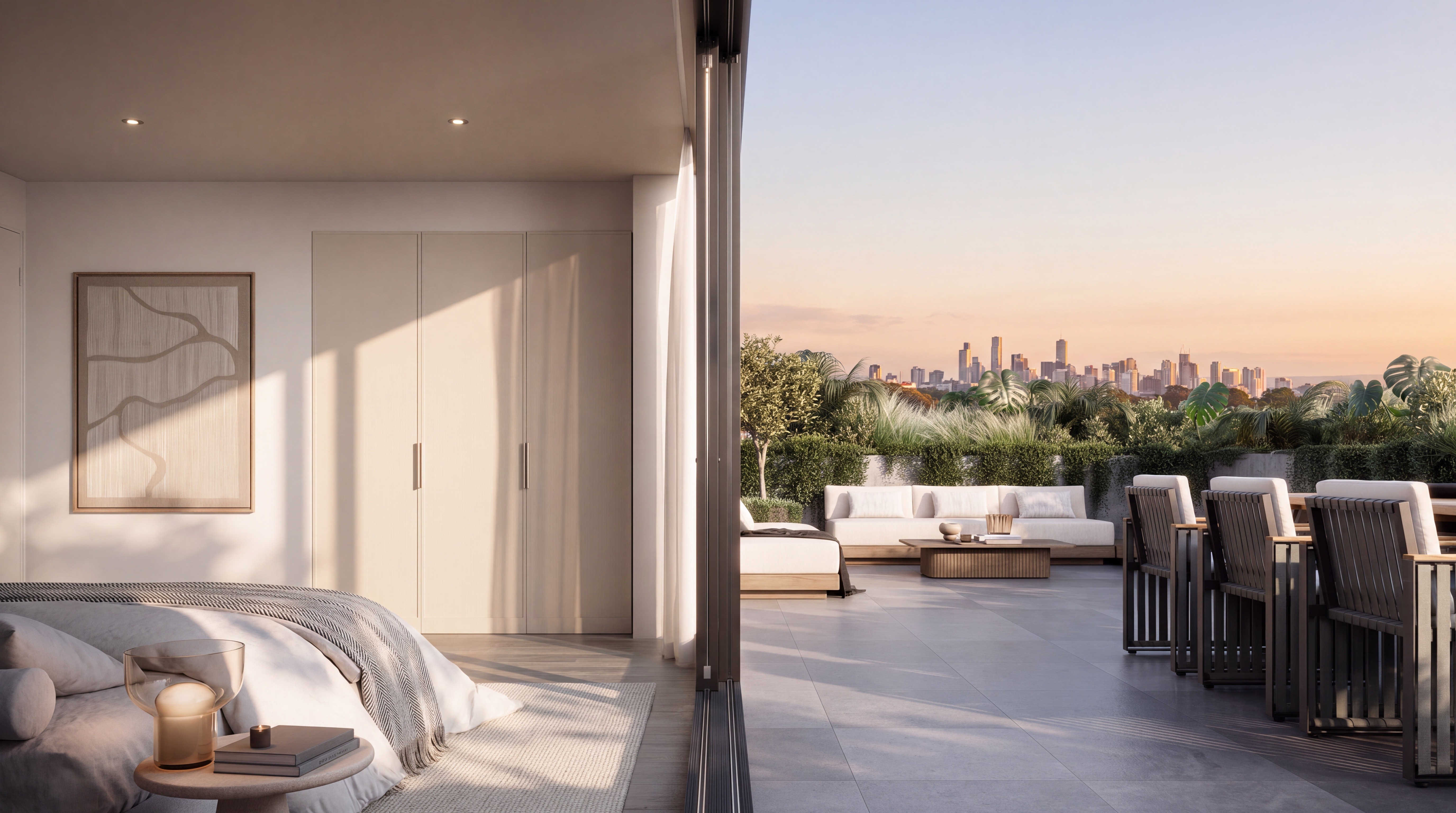 Artist impression of a High House terrace at dusk, elevated above Abbotsford
