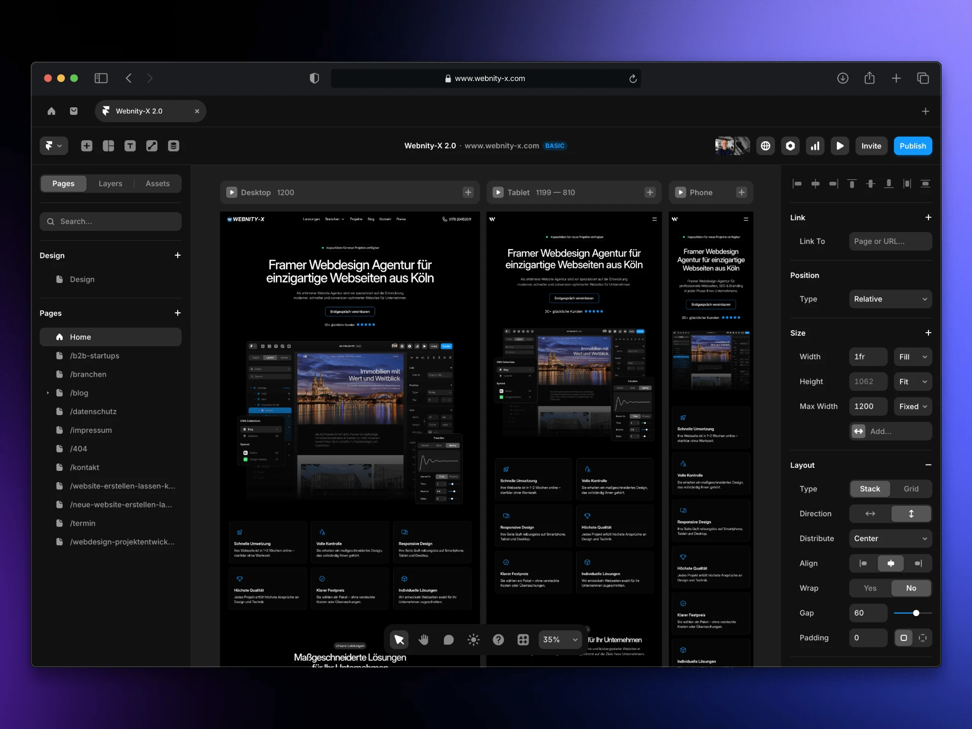 Framer Editor Screenshot der Webnity-X Website Relaunch Agentur, der die Entwicklung und Vorschau einer modernen Unternehmenswebsite auf Desktop, Tablet und Smartphone zeigt.