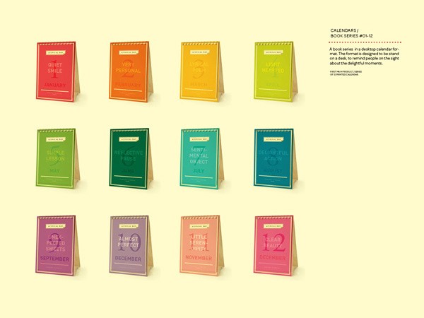 A grid of twelve colorful square cards, each displaying a unique design, arranged on a pale yellow background. The cards are labeled with month names (e.g., January, February, March, April, May, June, July, August, September, October, November, December) and feature various colors including red, orange, yellow, green, blue, purple, and pink. Each card has a small white label at the top. Below the cards, text reads “CALENDARS / BOOK SERIES #01-12” and “A book series designed to be stand on a desk, to remind people on the sight about the delightful moments.”