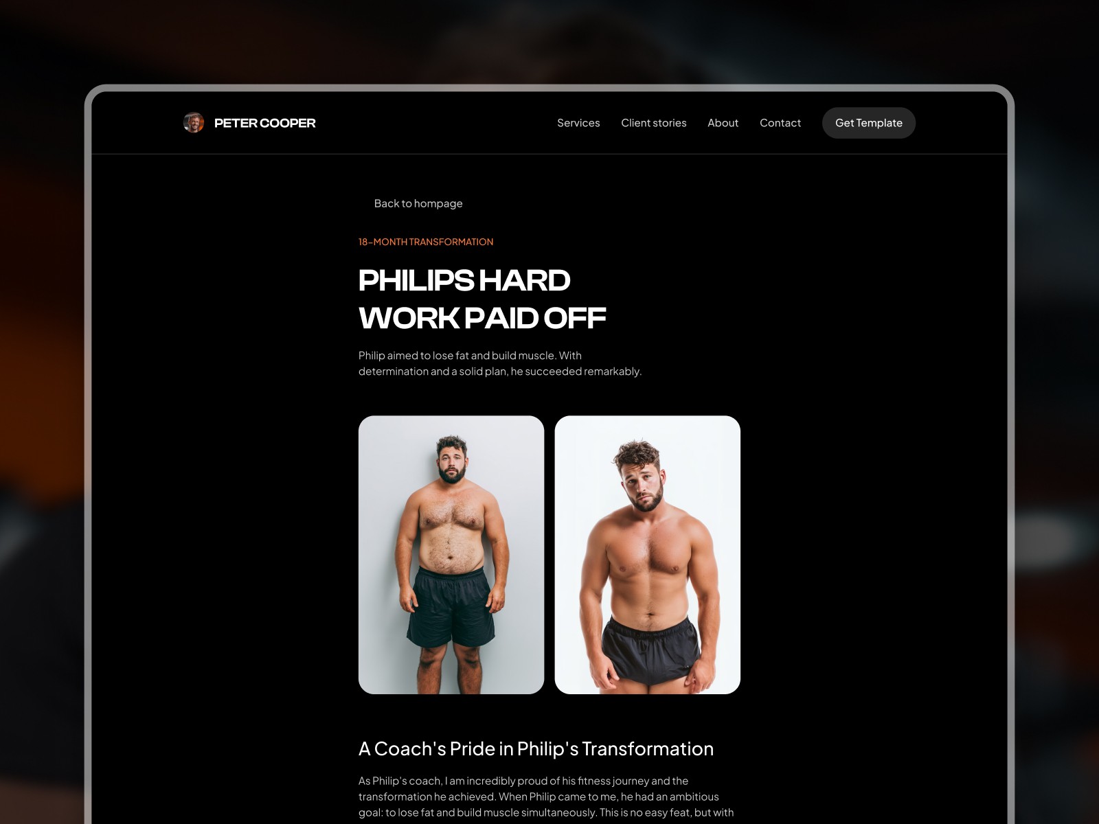 Empower Framer template client story page — 16-month transformation case study with before and after photos