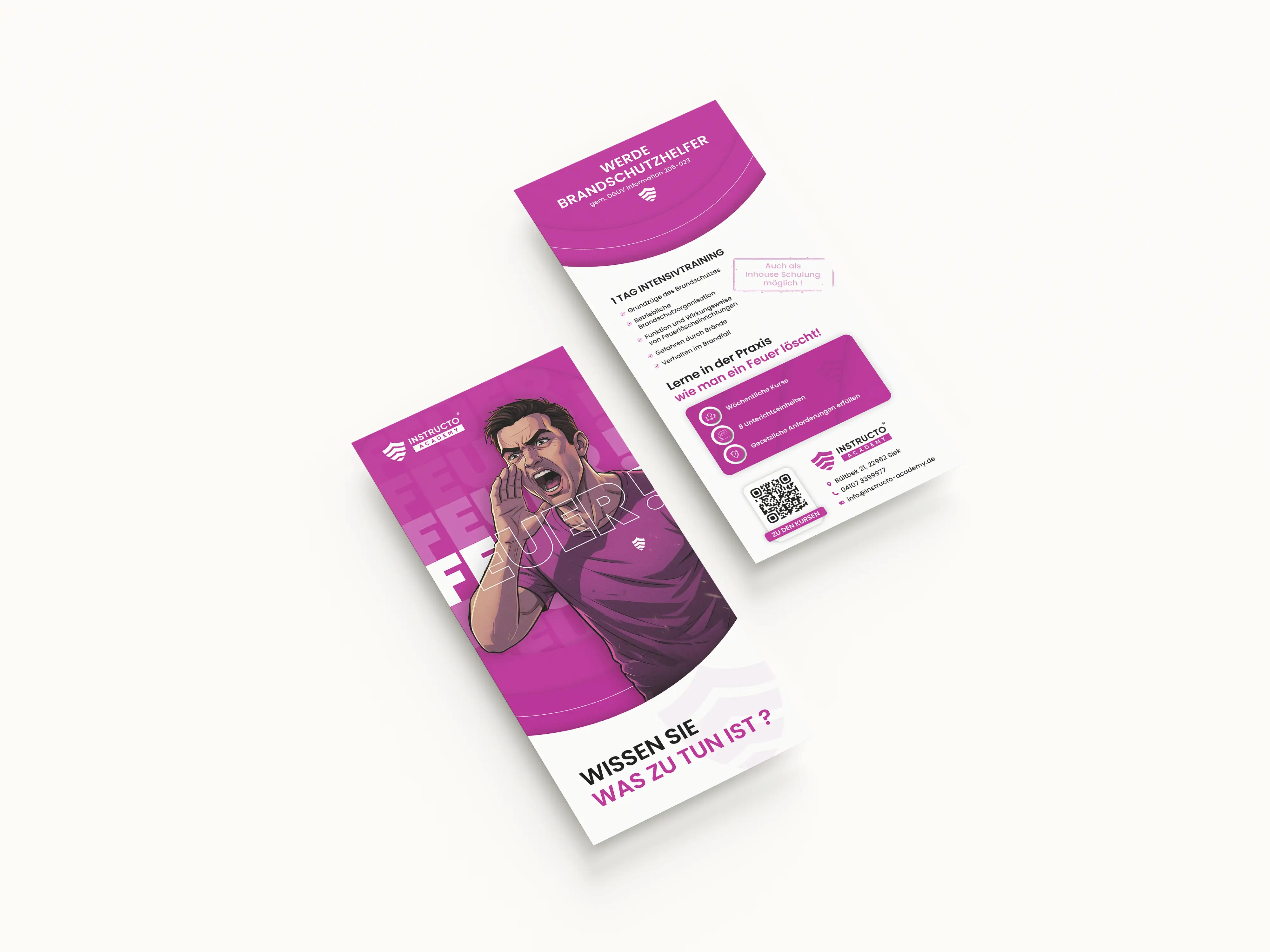 Flyer-Mockup der Instructo Academy für die Ausbildung zum Brandschutzhelfer nach DGUV Information 205-023