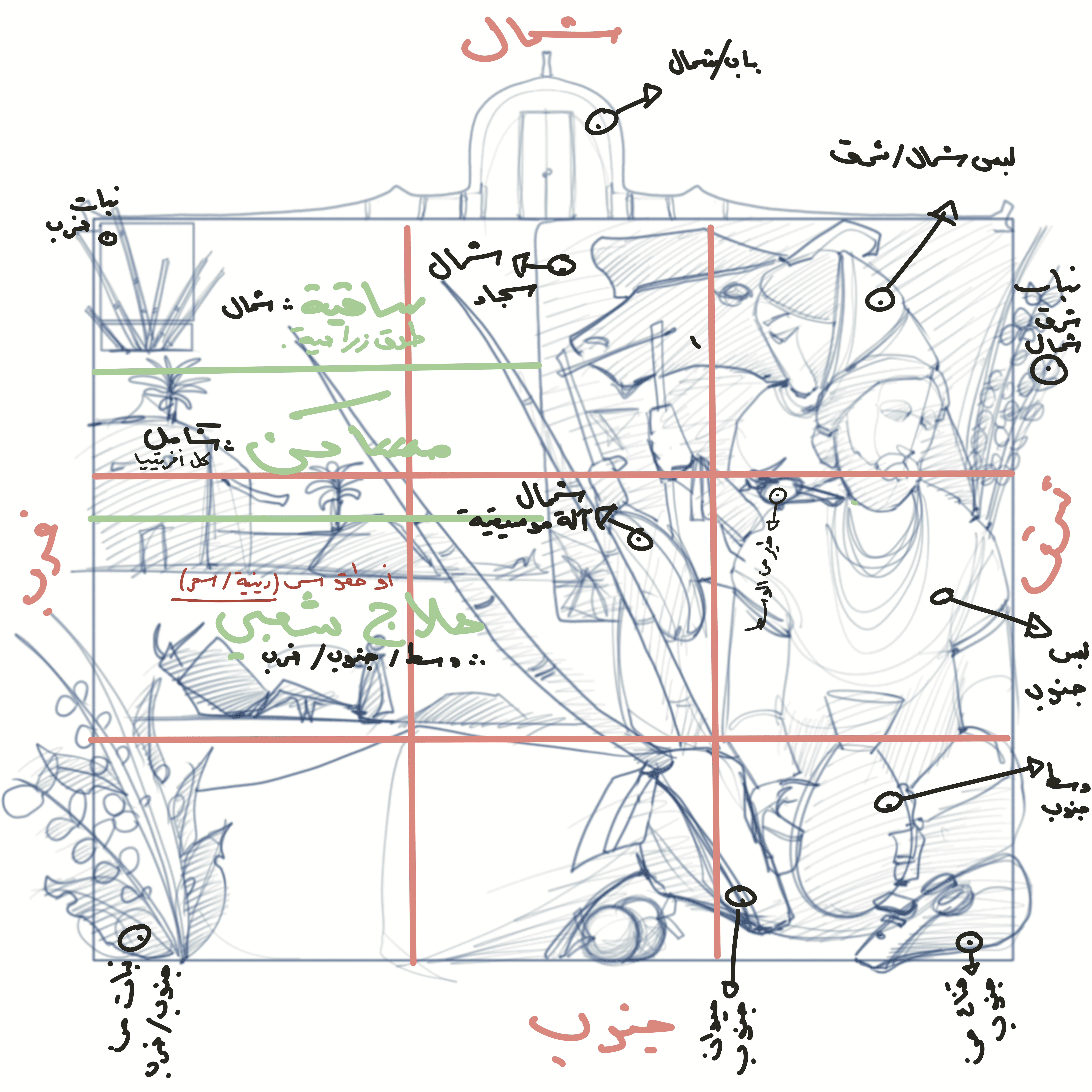 The composition is meticulously organized based on the geographical sequence of the African continent. Every element—from architectural landmarks and indigenous flora to traditional folk sports—is positioned to mirror its real-world location from North to South and East to West, creating a visual map of the continent’s diversity.