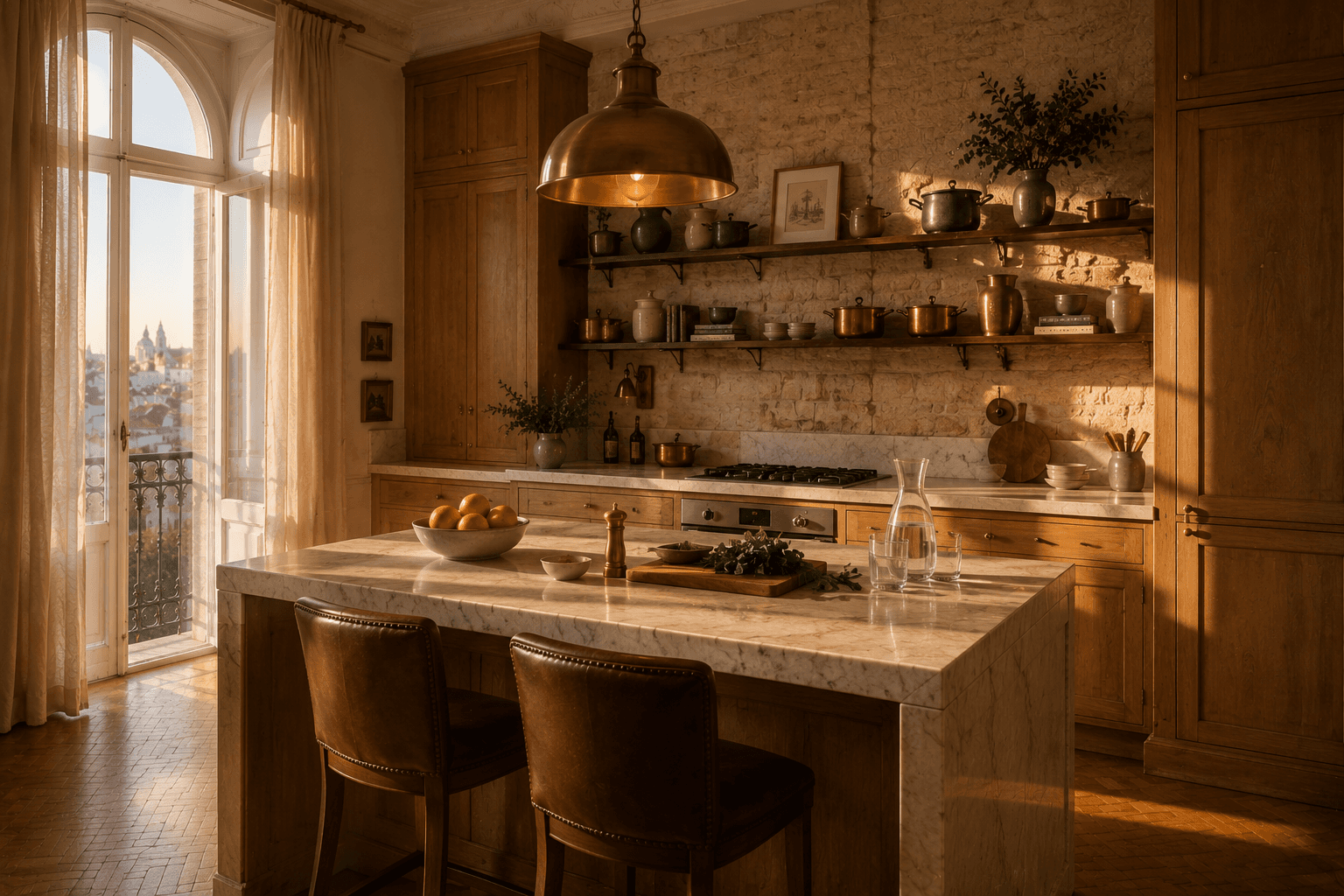 Kitchen of the Two Bedroom Residence with central marble island, honey oak cabinetry, exposed limestone wall, and vintage brass pendant lamp.