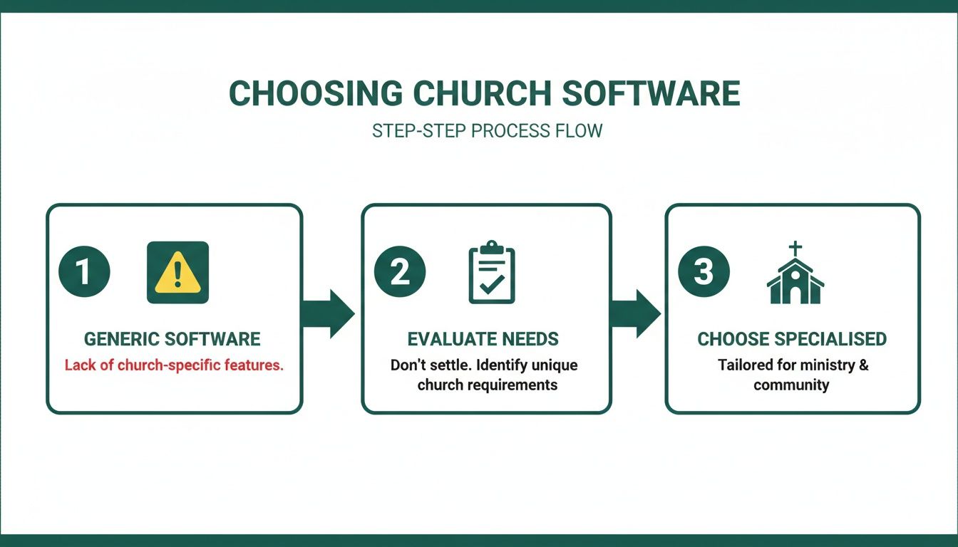 Infographic illustrating a three-step process for selecting specialized church software.