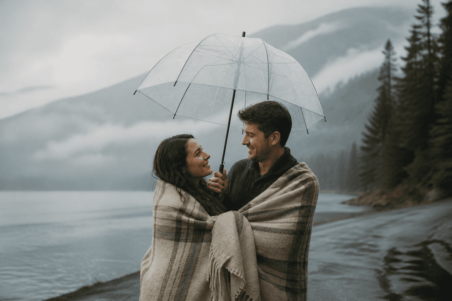 Couple embracing beneath a clear umbrella beside a misty mountain lake