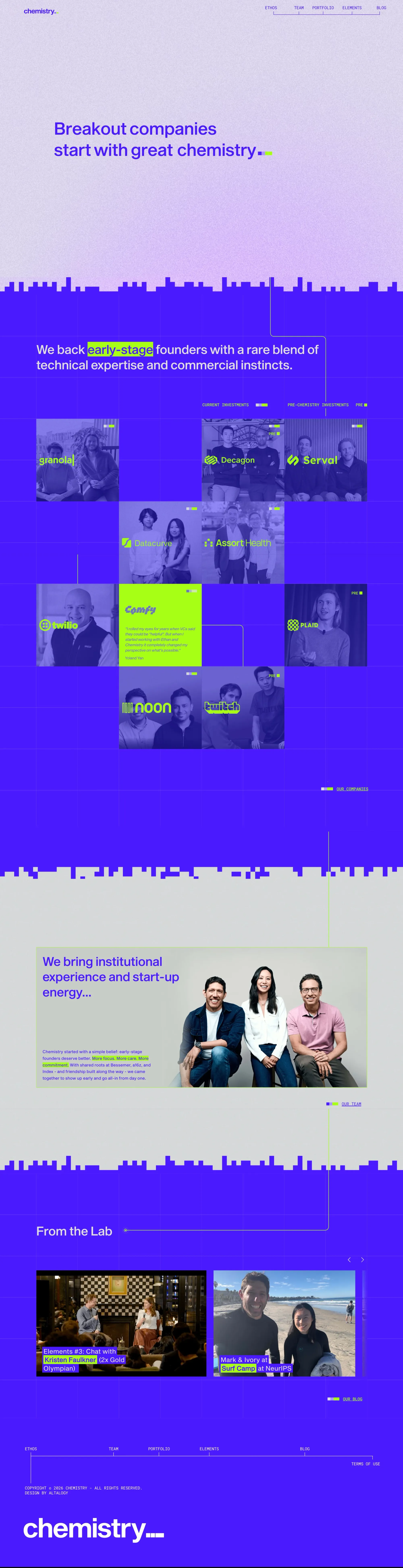 Chemistry landing page screenshot showcasing Finance and Tech design