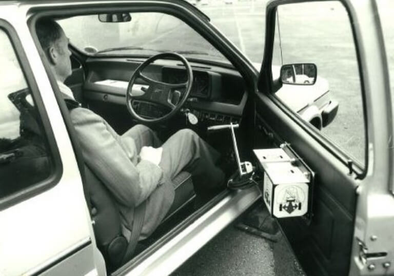 Black and white image of one of our first vehicle adaptions