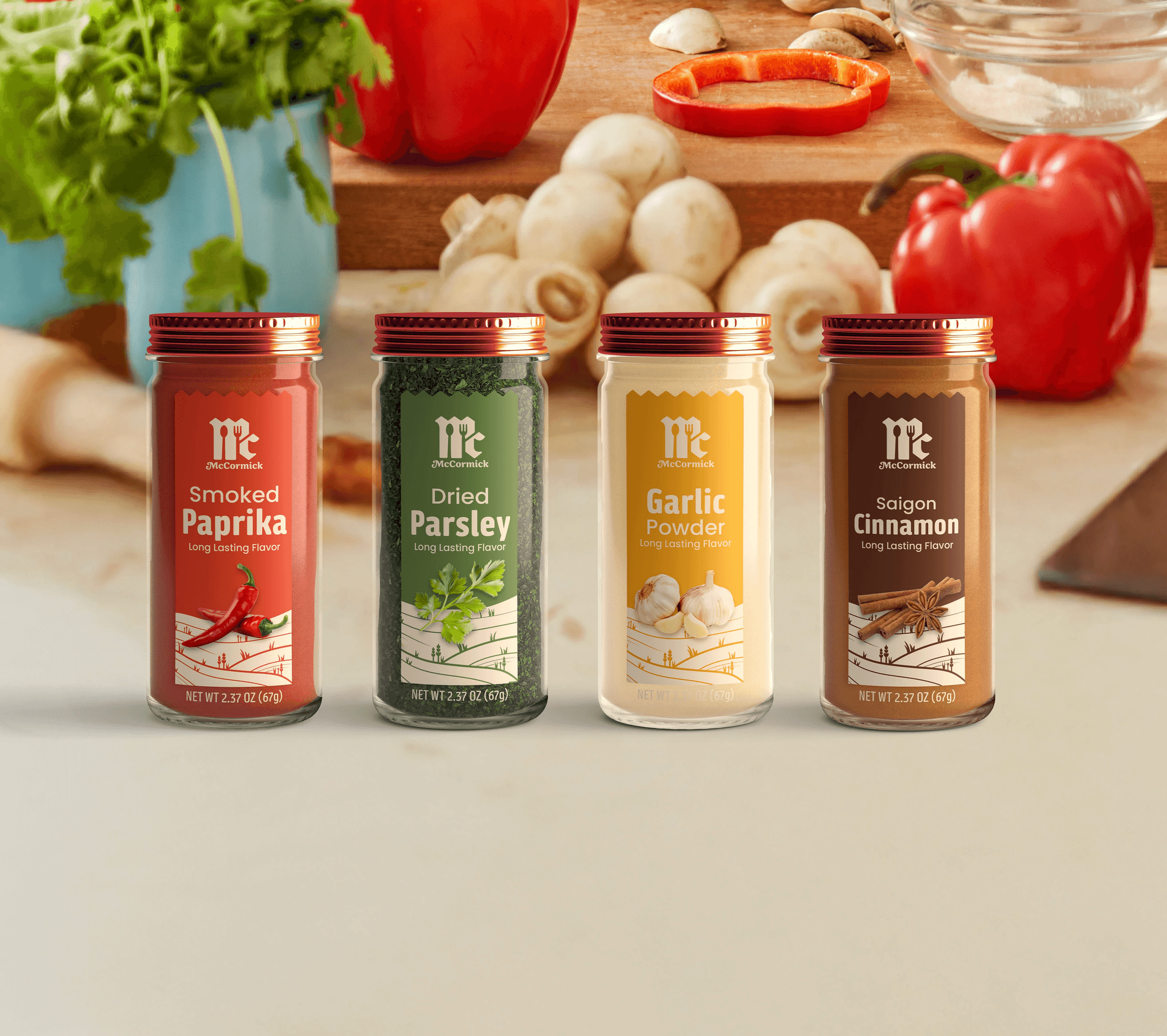 Redesigned McCormick spice bottles on a kitchen countertop.