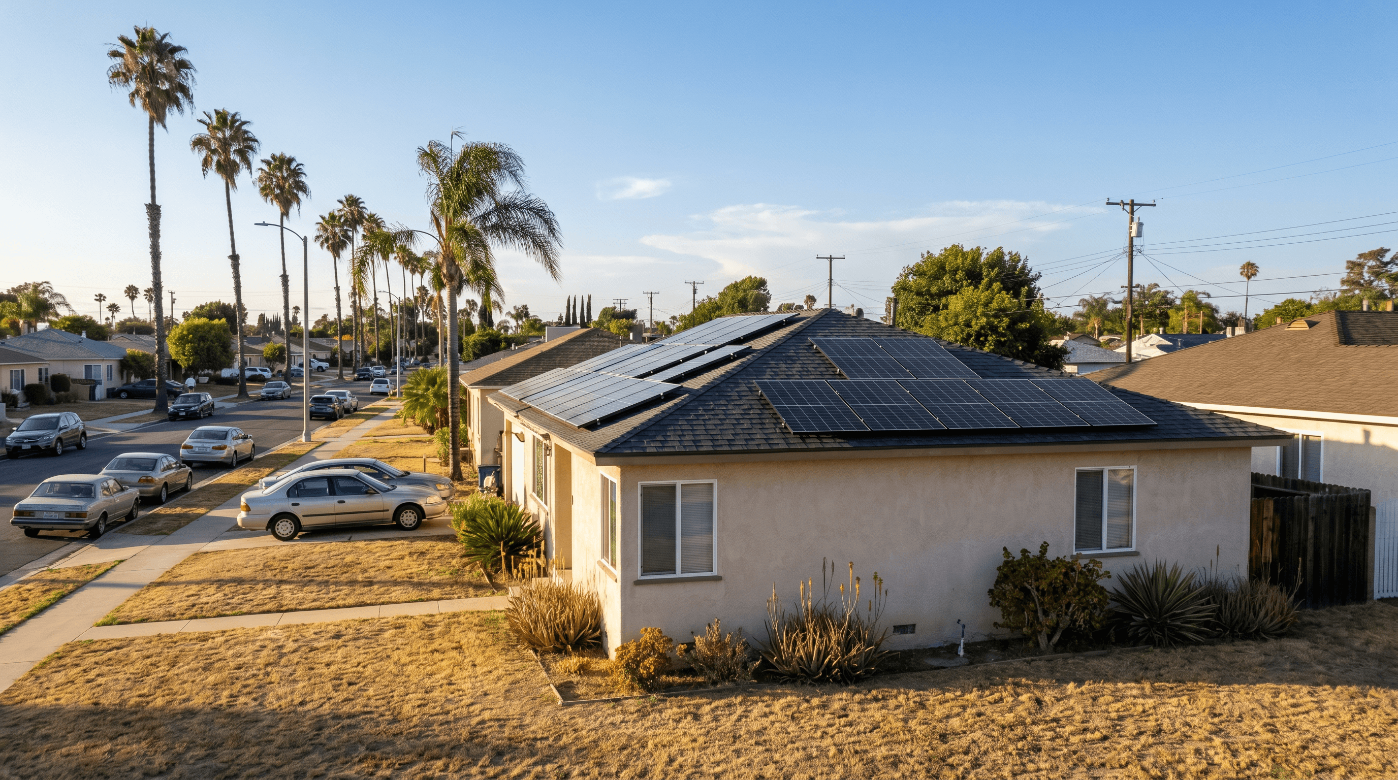 New solar panels on a modest single-story home in a working-class Southern California neighborhood