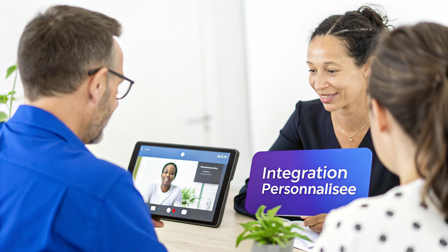 Deux personnes en réunion, dont une en visioconférence et une autre tenant une pancarte « Intégration Personnalisée ».