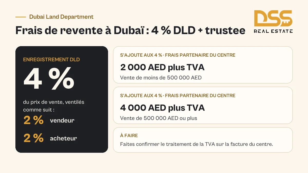 Les 4 % d’enregistrement DLD séparés des frais partenaire du trustee office, avec 2 000 AED sous 500 000 AED et 4 000 AED à partir de ce seuil