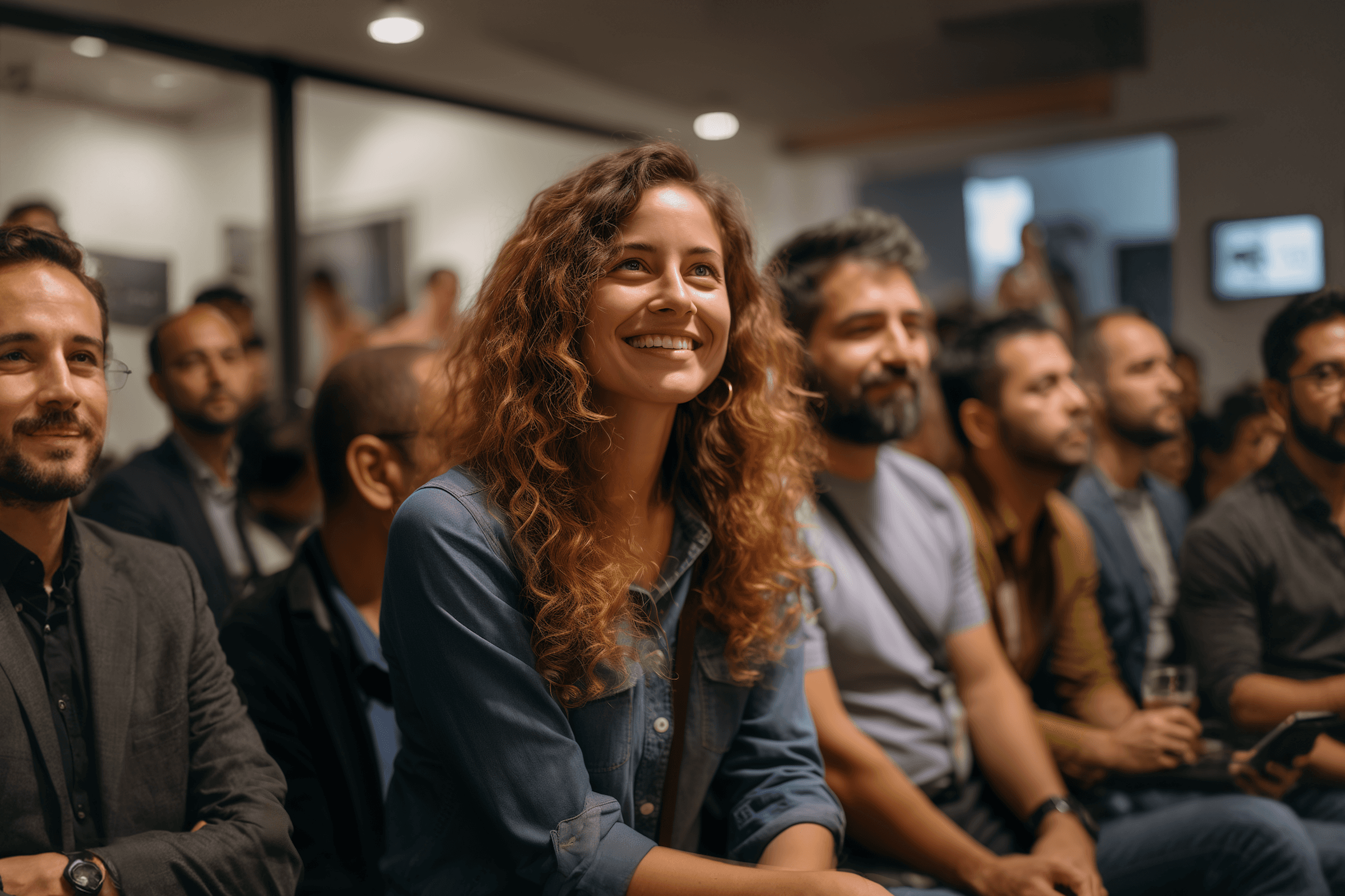 Audience at a creative tech event, warm lighting, engaged crowd