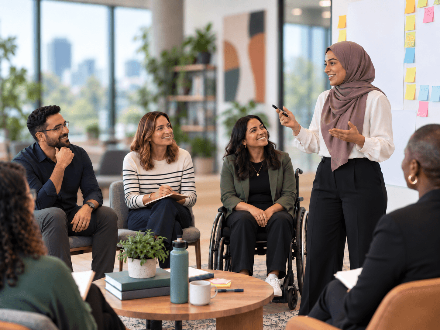 Inclusive workplace workshop with a diverse group of professionals, including a woman using a wheelchair.